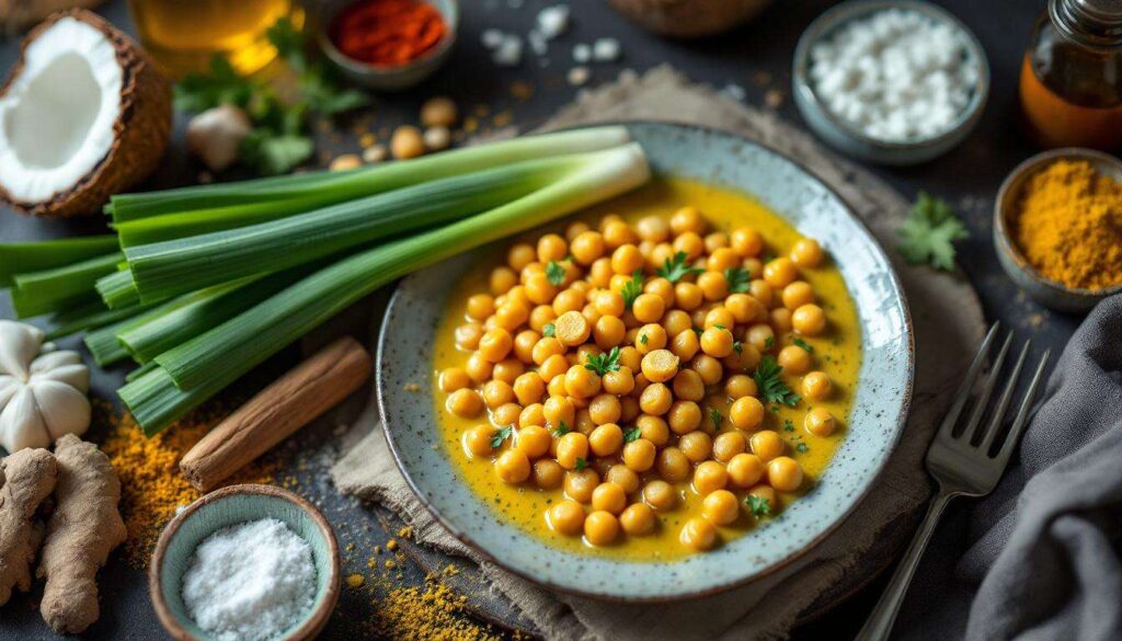 Koche ein schnelles Lauch-Curry mit Kichererbsen