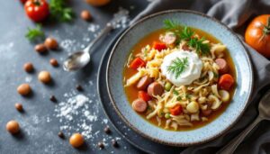 Smarte Soljanka aus einem Topf – würzige Suppe mit Sauerkraut, Gurken und Würstchen