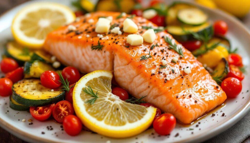Norwegischer Lachs auf Gemüse aus dem Ofen – saftig und schnell dank Folien-Trick