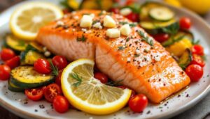 Norwegischer Lachs auf Gemüse aus dem Ofen – saftig und schnell dank Folien-Trick