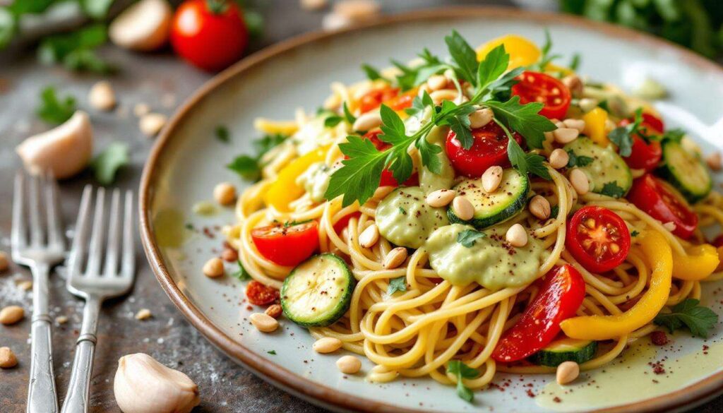 Neues Pasta-Rezept der Ernährungs-Docs: Spaghetti mit Gemüse, Rucola und Avocado-Mandelcreme