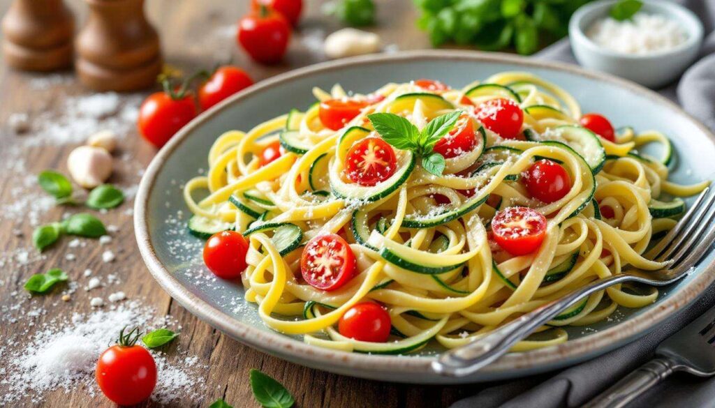 Gemüse-Tagliatelle mit Ziegenfrischkäsesauce – in 20 Minuten cremig und knackig