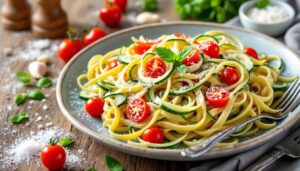 Gemüse-Tagliatelle mit Ziegenfrischkäsesauce – in 20 Minuten cremig und knackig