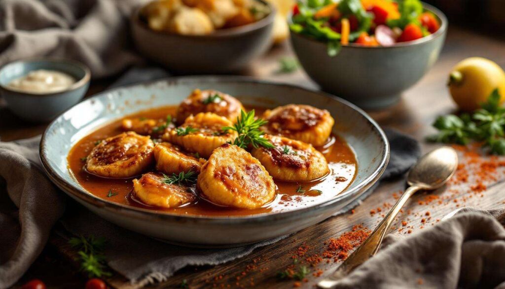 Rezept: Versunkene Billardkugeln (Frikadellen in Zwiebel-Biersoße mit Nudelsalat)