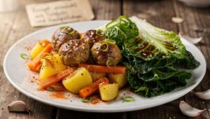 Rezept: Chinakohl mit Kartoffeln, Möhren und Hackbällchen