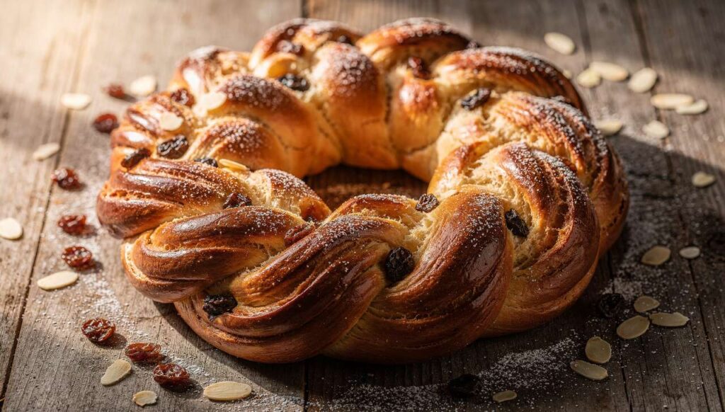 Einfacher Hefekranz mit Marzipan und Rosinen, das perfekte Ostergebäck für Anfänger