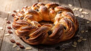Einfacher Hefekranz mit Marzipan und Rosinen, das perfekte Ostergebäck für Anfänger