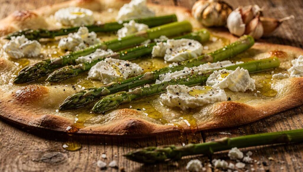 Flammkuchen mit grünem Spargel und Ziegenkäse, fertig in 20 Minuten