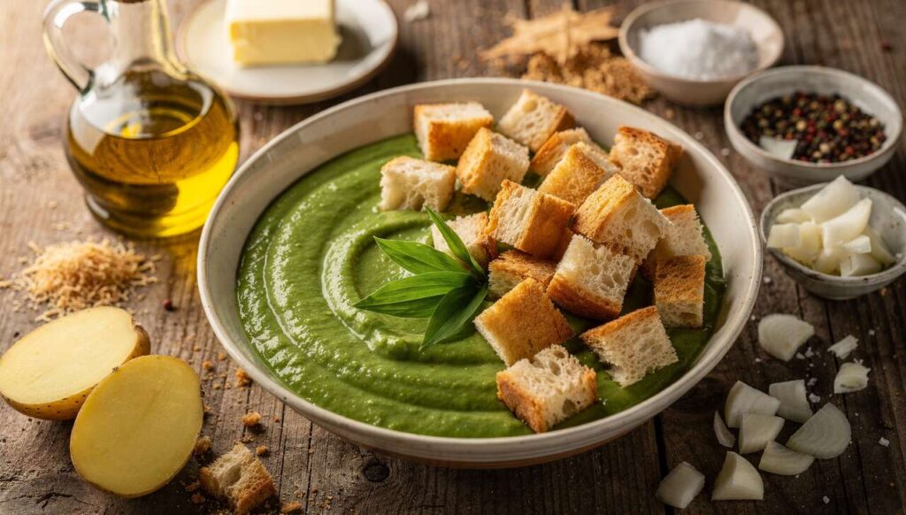 Cremige Bärlauchsuppe mit Croutons, in 15 Minuten fertig und herrlich grün