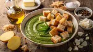 Cremige Bärlauchsuppe mit Croutons, in 15 Minuten fertig und herrlich grün