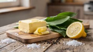 Bärlauch-Butter mit Zitrone und Meersalz, hält im Kühlschrank bis zu drei Wochen