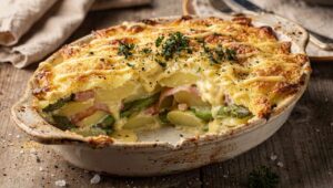 Kartoffel-Spargel-Auflauf mit Schinken und Hollandaise, cremig und in 35 Minuten fertig