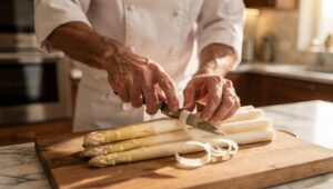 Spargel schälen ohne Verlust? Sterneköche zeigen, wo das Messer wirklich ansetzen muss