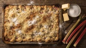 Rhabarber-Streuselkuchen vom Blech, der saftig bleibt und nie durchweicht