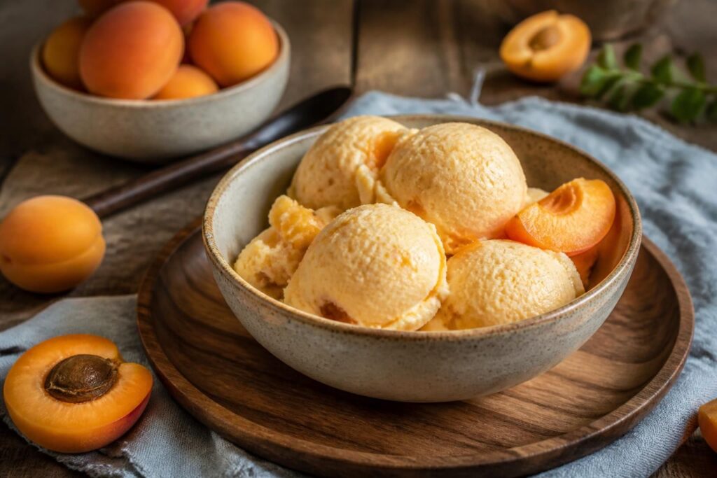 Aprikosen-Frozen-Joghurt ohne Eismaschine, gefrorene Früchte machen ihn sofort servierfertig