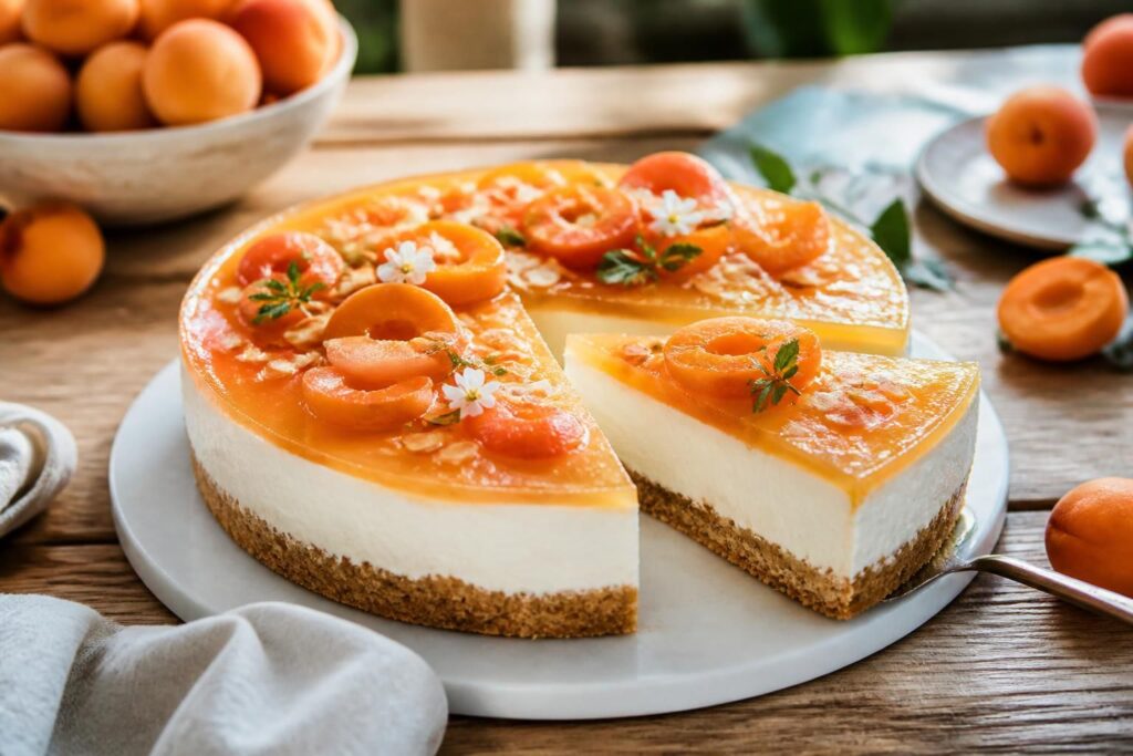 Aprikosen-Mascarpone-Torte ohne Backen mit knusprigem Butterkeks-Boden, cremiger Mascarponefüllung und frischen Aprikosenscheiben auf einer weißen Tortenplatte