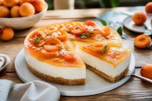 Aprikosen-Mascarpone-Torte ohne Backen mit knusprigem Butterkeks-Boden, cremiger Mascarponefüllung und frischen Aprikosenscheiben auf einer weißen Tortenplatte