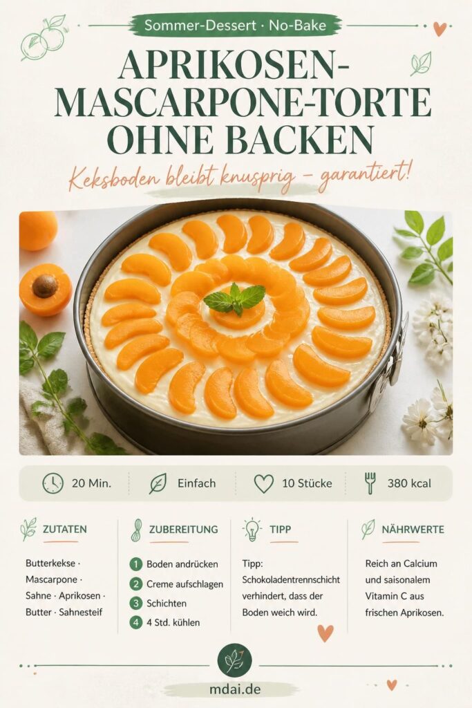 Aprikosen-Mascarpone-Torte ohne Backen mit knusprigem Keksboden – Pinterest-Rezeptkarte