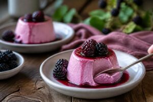 Brombeer-Panna-cotta ohne Gelatine im Portionsglas, mit violettem Brombeerspiegel und frischen Brombeeren garniert, auf hellem Holzuntergrund