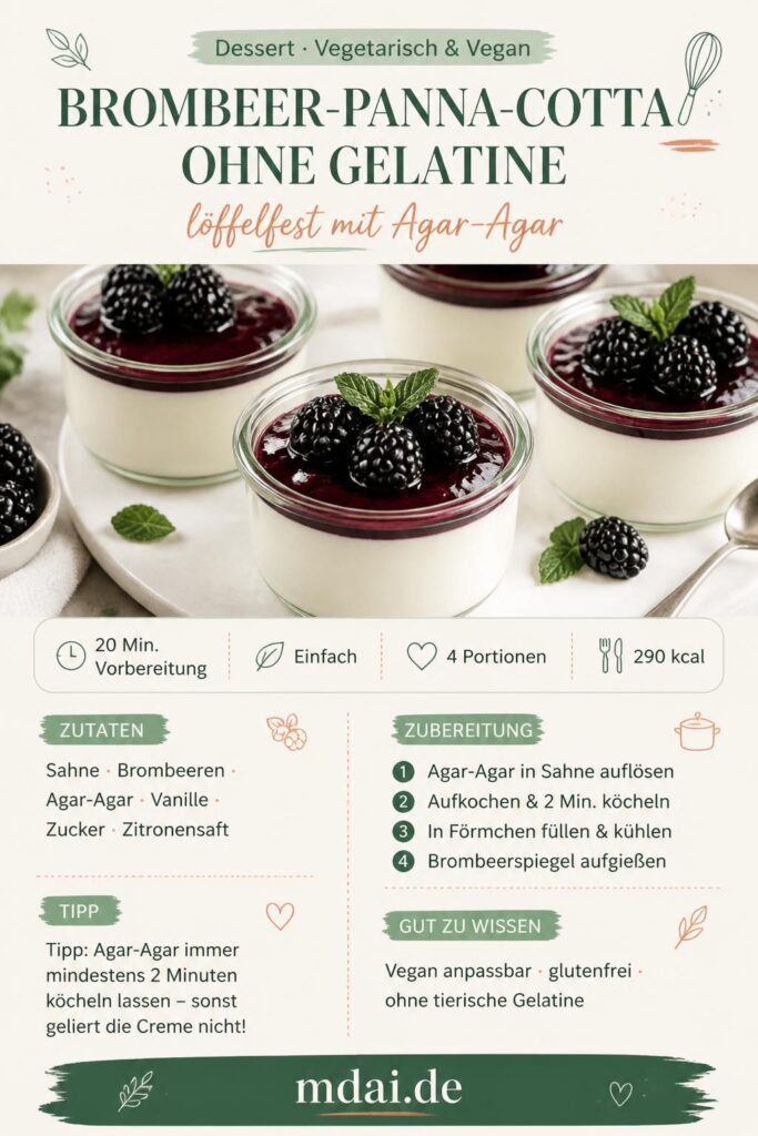 Brombeer-Panna-cotta ohne Gelatine im Dessertglas mit violettem Brombeerspiegel und frischen Brombeeren