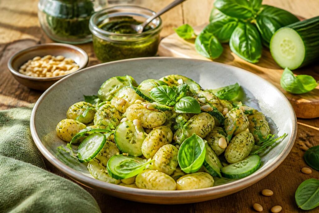 Gnocchi-Salat mit Gurke, Kirschtomaten, Mozzarella und grünem Pesto in einer weißen Schüssel, garniert mit frischem Basilikum