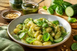 Gnocchi-Salat mit Gurke, Kirschtomaten, Mozzarella und grünem Pesto in einer weißen Schüssel, garniert mit frischem Basilikum