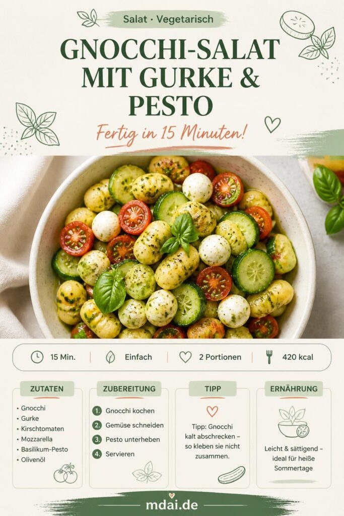 Gnocchi-Salat mit Gurke, Kirschtomaten, Mozzarella und Pesto – Pinterest-Pin