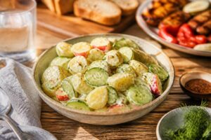 Gurkensalat mit Kartoffeln und Apfel, das Senf-Dill-Dressing macht ihn zum leichten Grillbegleiter