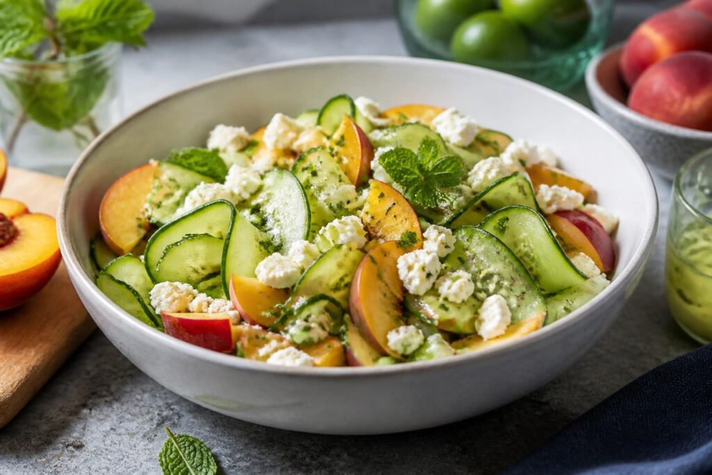 Gurkensalat mit Pfirsich und Feta im Limetten-Dressing