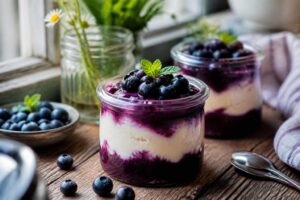 Heidelbeer-Grieß-Dessert im Glas, cremig geschichtet mit frischen Heidelbeeren und Vanillegrieß, von oben fotografiert auf hellem Holzuntergrund