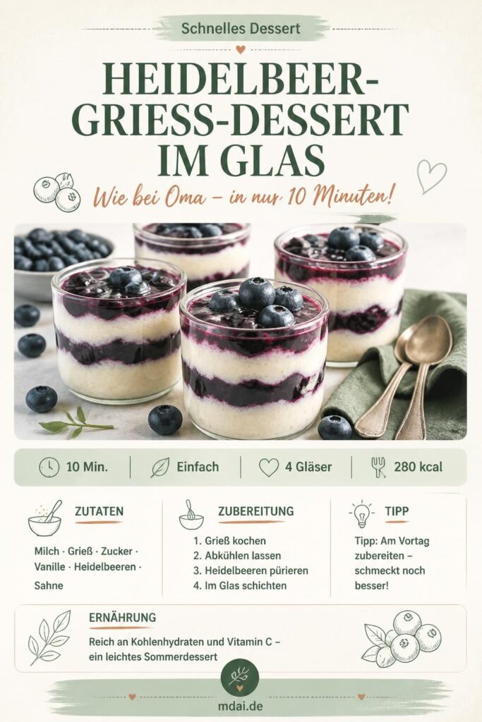 Heidelbeer-Grieß-Dessert im Glas, cremig geschichtet mit Vanillegrieß und Heidelbeersauce, bereit zum Speichern auf Pinterest