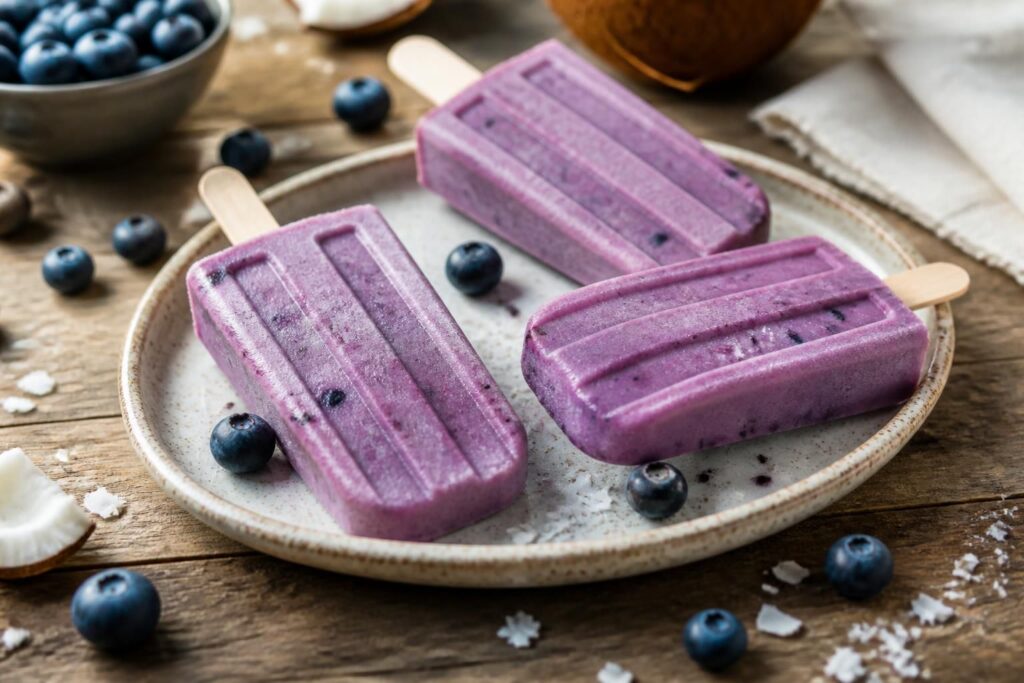 Heidelbeer-Kokos-Eis am Stiel auf einem weißen Holzbrett, mit frischen Heidelbeeren und Kokosflocken garniert