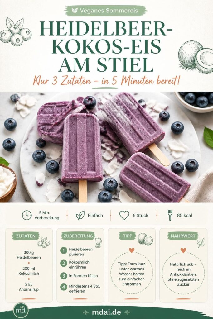 Heidelbeer-Kokos-Eis am Stiel auf Marmor mit frischen Heidelbeeren, von oben fotografiert