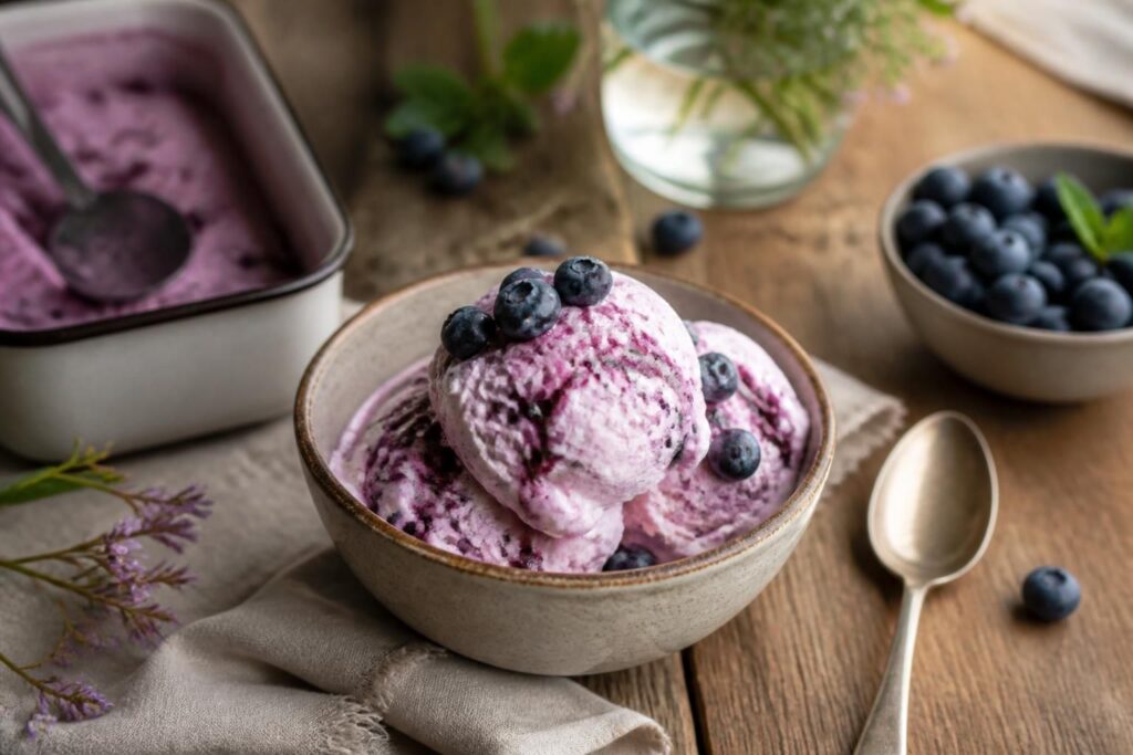Cremiges Heidelbeer-Sahne-Eis ohne Eismaschine in einer Gefrierbox, garniert mit frischen Blaubeeren und Minzblättern auf hellem Holzuntergrund