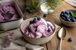 Cremiges Heidelbeer-Sahne-Eis ohne Eismaschine in einer Gefrierbox, garniert mit frischen Blaubeeren und Minzblättern auf hellem Holzuntergrund