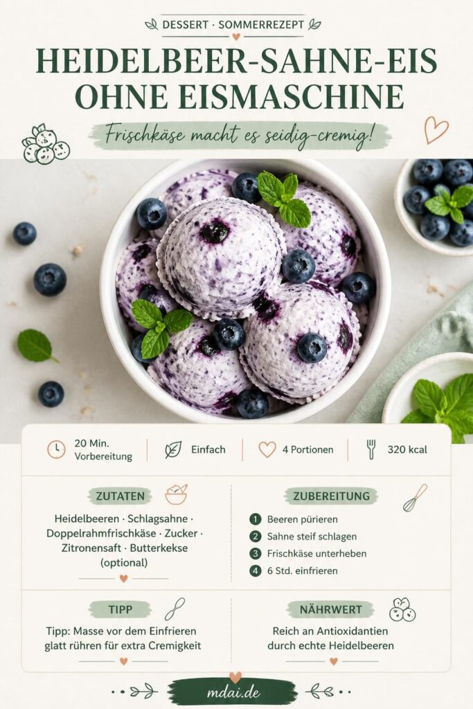Cremiges Heidelbeer-Sahne-Eis ohne Eismaschine – Pinterest-Rezeptkarte mit Zutaten und Schritten