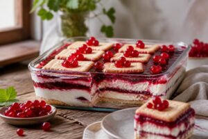 Johannisbeer-Butterkeks-Dessert ohne Backen in einer Auflaufform – sichtbare Schichten mit roter Johannisbeere und cremiger Füllung
