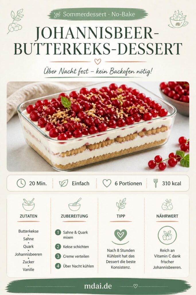 Johannisbeer-Butterkeks-Dessert ohne Backen – Schichtdessert mit roter Johannisbeere und Butterkeksen