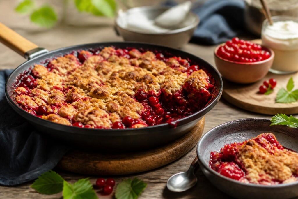 Johannisbeer-Crumble aus der Pfanne mit goldbraunen Streuseln und roten Johannisbeeren, serviert mit einer Kugel Vanilleeis