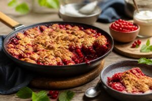 Johannisbeer-Crumble aus der Pfanne mit goldbraunen Streuseln und roten Johannisbeeren, serviert mit einer Kugel Vanilleeis