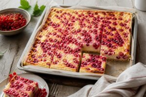 Johannisbeer-Käsekuchen vom Blech ohne Boden – cremige Quarkmasse mit roten Johannisbeeren, frisch angeschnitten, Nahaufnahme auf hellem Backpapier
