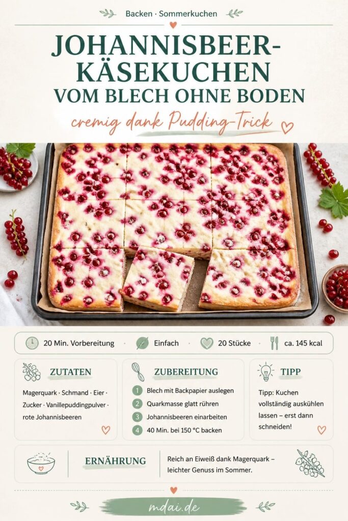 Johannisbeer-Käsekuchen vom Blech ohne Boden – cremige Quarkmasse mit roten Johannisbeeren, Pinterest-Pin