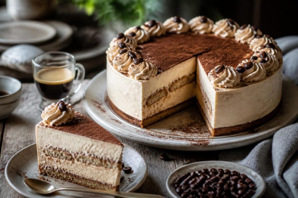 Kalte Cappuccino-Torte ohne Backen mit Mascarponecreme und Kakao-Topping, angeschnitten auf einem weißen Teller