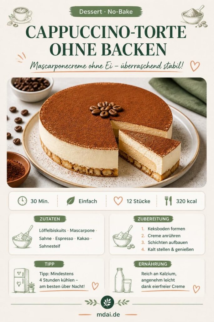 Cappuccino-Torte ohne Backen mit Mascarponecreme und Kakao-Topping – Pinterest-Pin