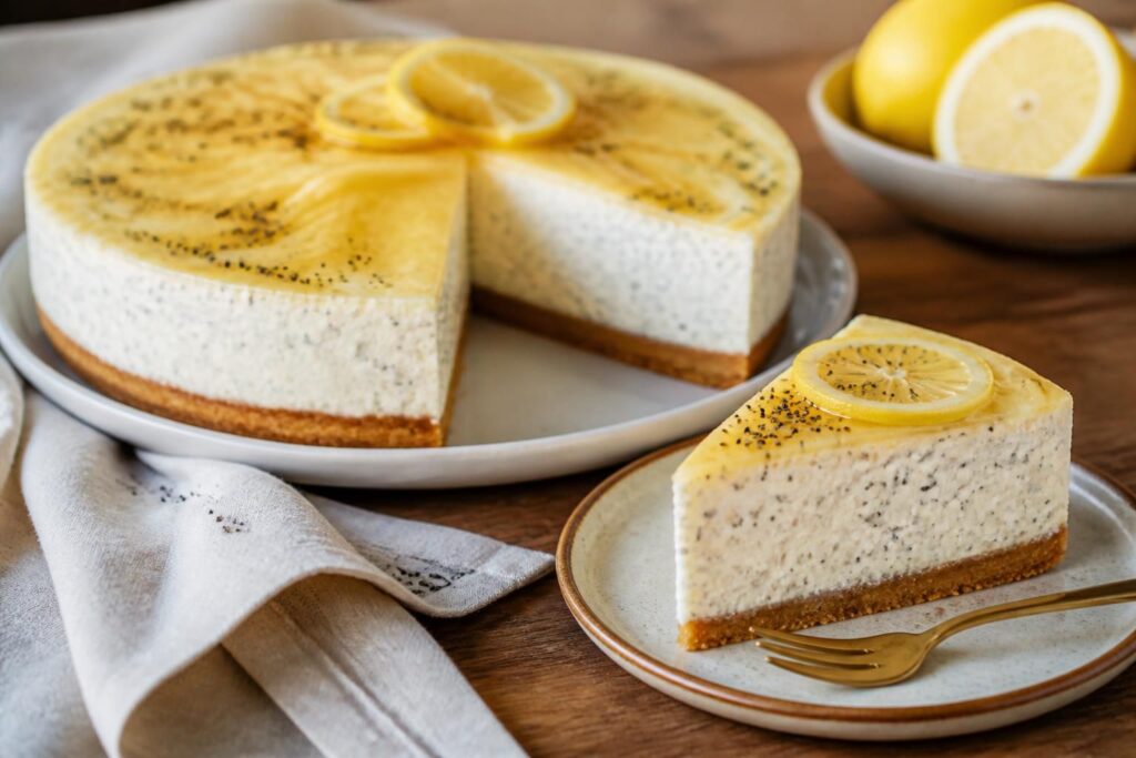 Kalte Zitronen-Mohn-Torte ohne Backen mit cremiger Joghurtfüllung, frisch aus dem Kühlschrank auf einem Kuchenteller angeschnitten