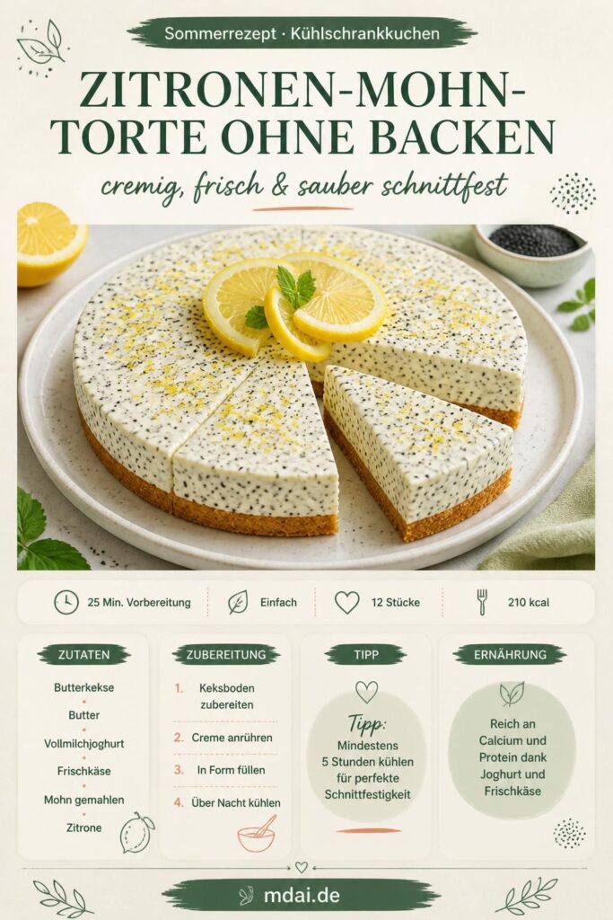 Kalte Zitronen-Mohn-Torte ohne Backen – cremige Joghurtfüllung auf knusprigem Keksboden, angeschnitten auf einem Teller