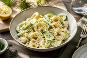 Kalter Tortellini-Salat mit Gurke, Zitronenjoghurt-Dressing und frischen Kräutern in einer weißen Schüssel, von oben fotografiert