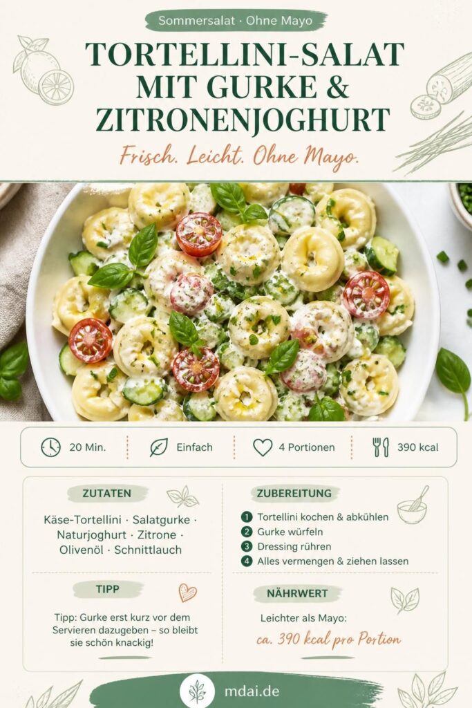 Kalter Tortellini-Salat mit Gurke und Zitronenjoghurt-Dressing – Pinterest-Pin