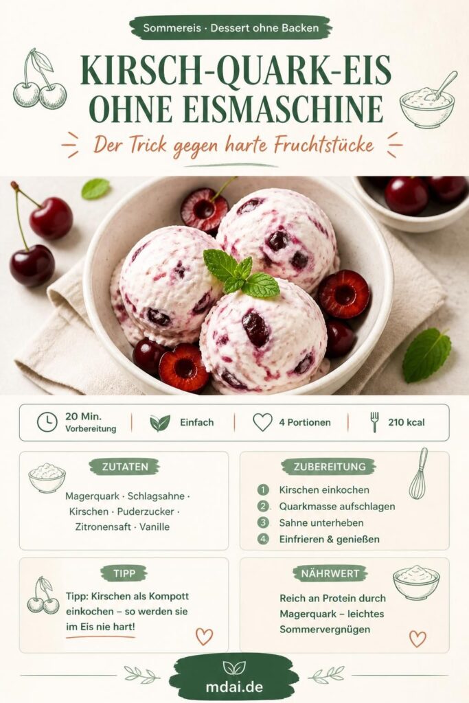 Kirsch-Quark-Eis ohne Eismaschine – cremiges Rezept mit Trick gegen harte Fruchtstücke