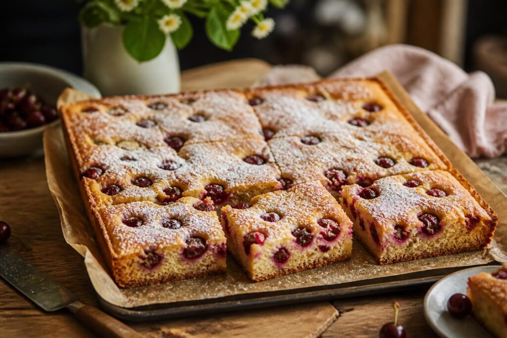 Kirsch-Vanille-Blechkuchen frisch aus dem Ofen, mit goldbraunem Teig und saftigen Sauerkirschen, leicht mit Puderzucker bestäubt, auf einem Backblech